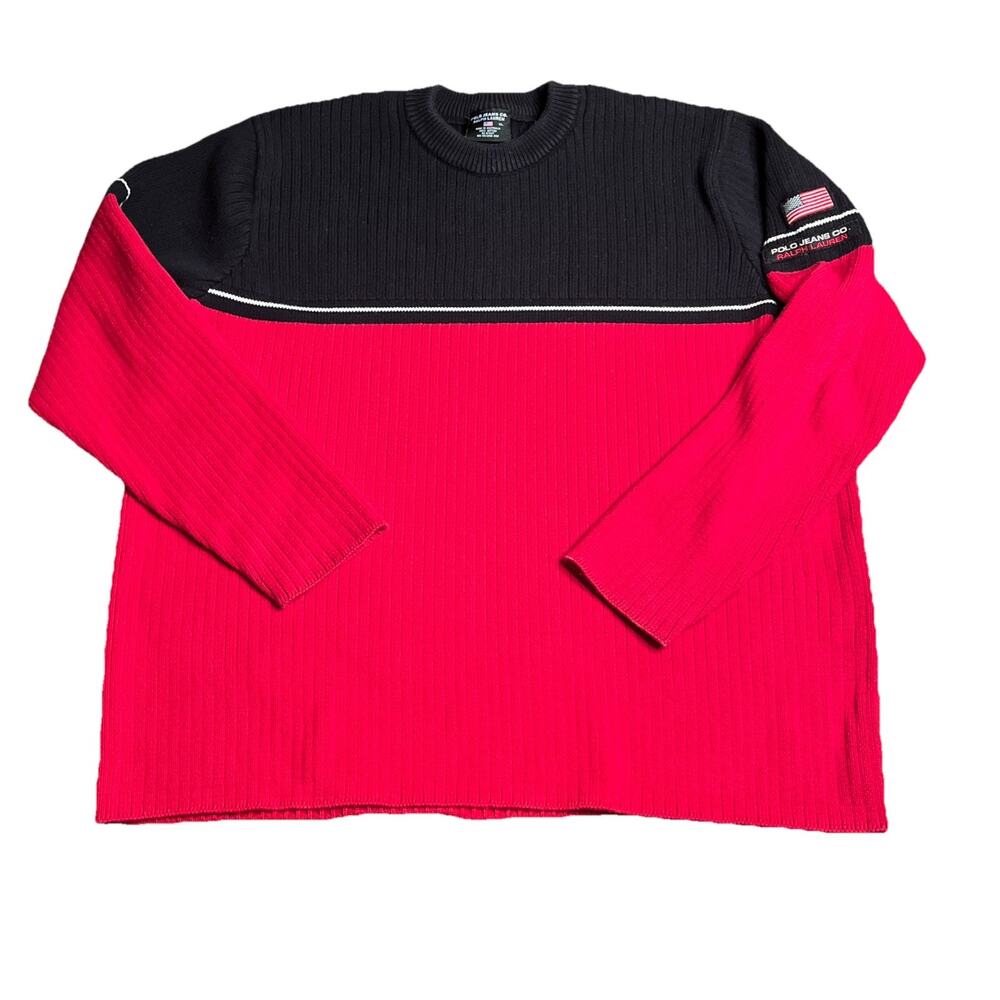 Vintage Polo Jeans Co Sweater Mens XL Navy Red Turtleneck Ribbed Knit USA Flag